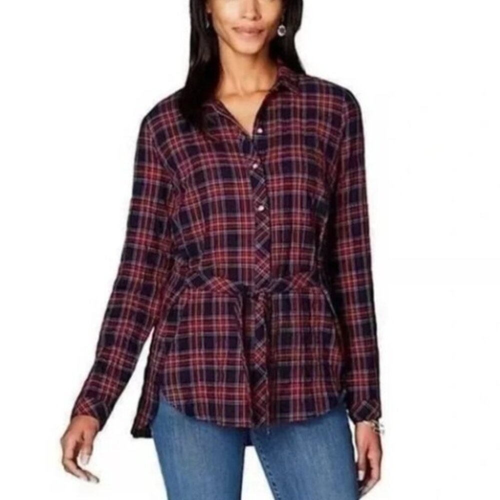 J. Jill‎ Cotton Crinkle Plaid Button Down Long Sleeve Tunic Shirt Tie Waist M